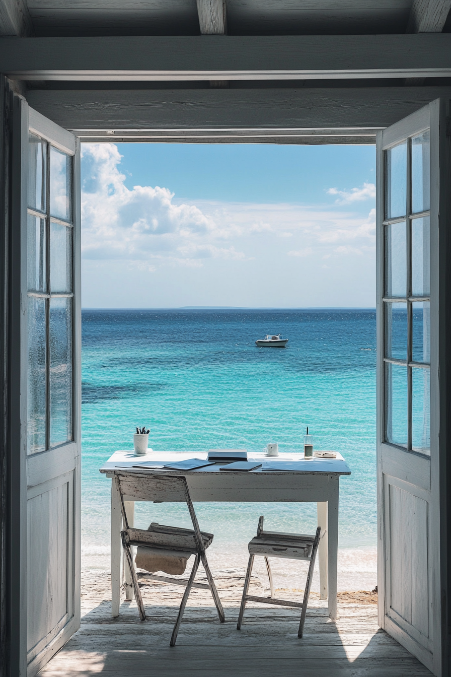 Work space inspiration. Whitewashed desk facing aquamarine ocean view.