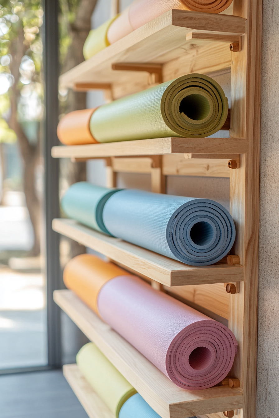 Compact kids' yoga area. Wooden Montessori shelf with pastel-colored yoga mats.