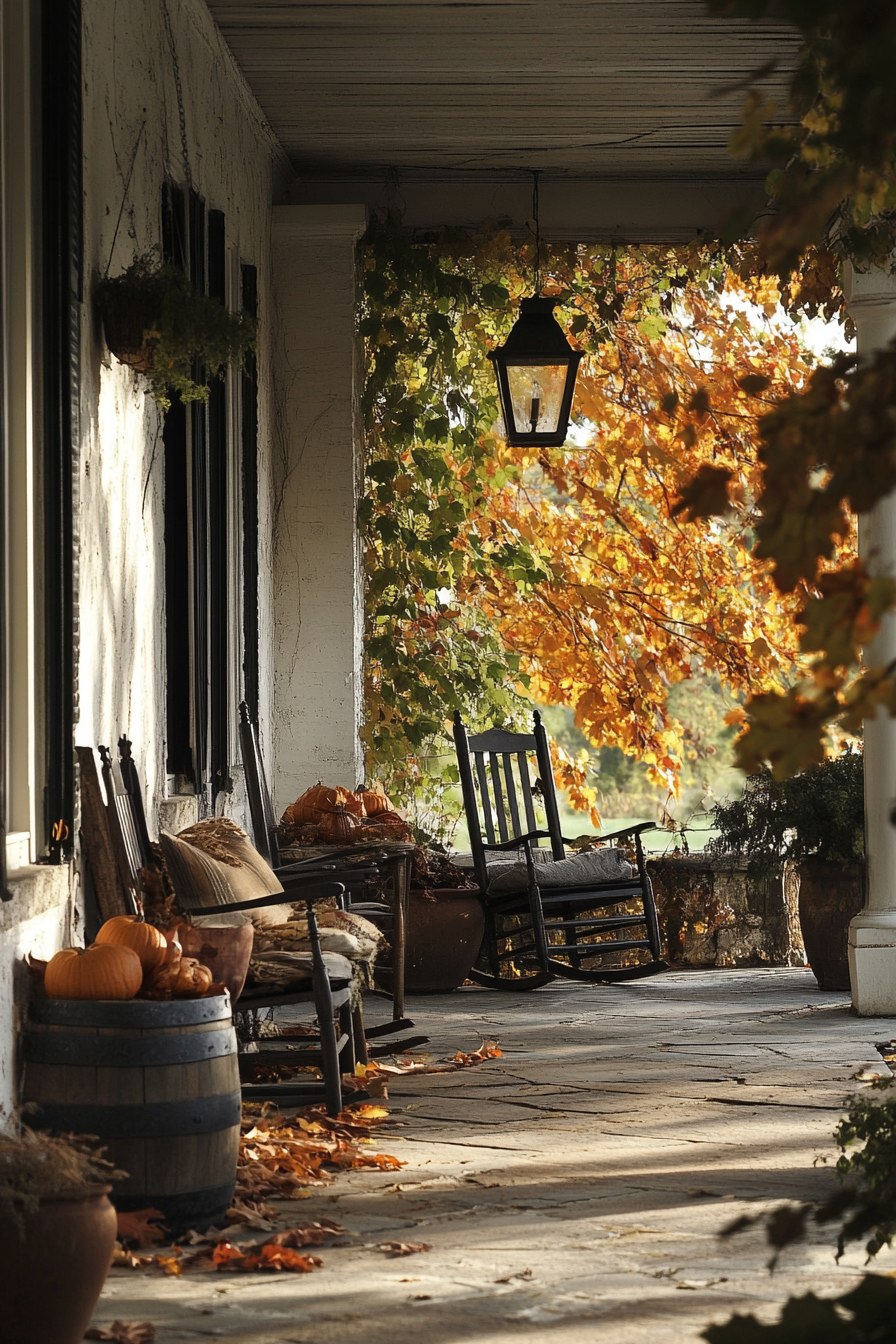 Fall porch. Sparse furniture, rich autumnal decorative accessories.