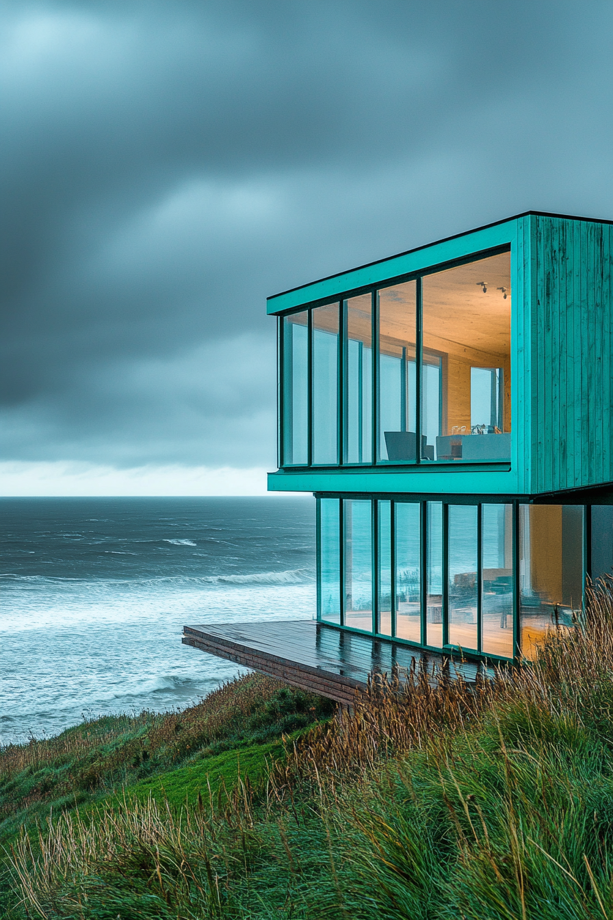 Compact beach house. Turquoise exterior with floor-to-ceiling glass windows overlooking stormy ocean.