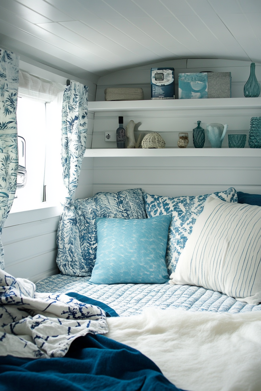 Serene camper sleeping area. Ocean blue accents and white floating shelves.