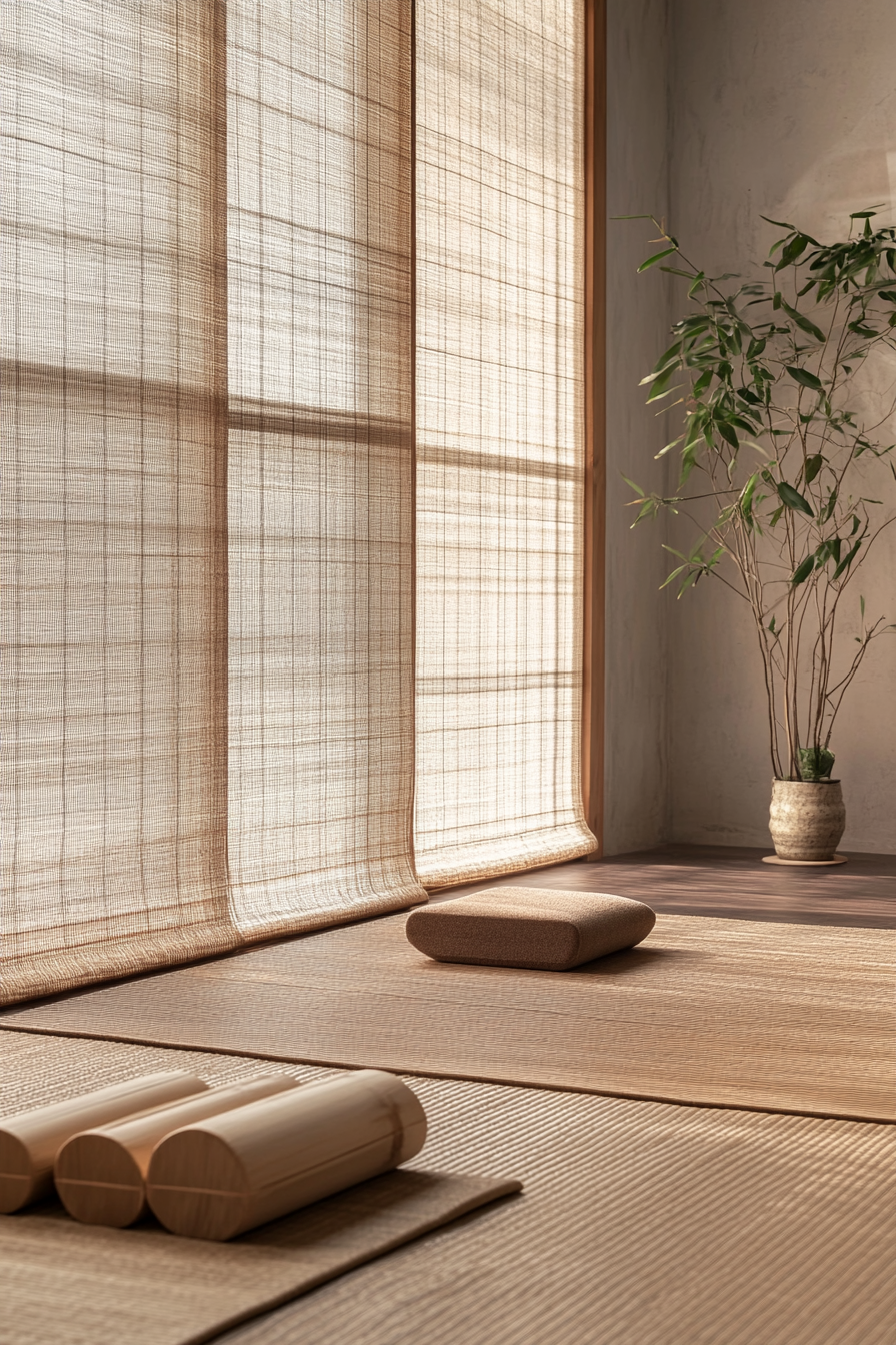 Japandi home yoga studio. Traditional tatami mat with minimalistic bamboo yoga blocks.