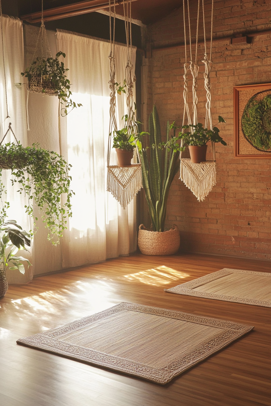 Home yoga studio. Bamboo floor mats with hanging macrame plant holders.