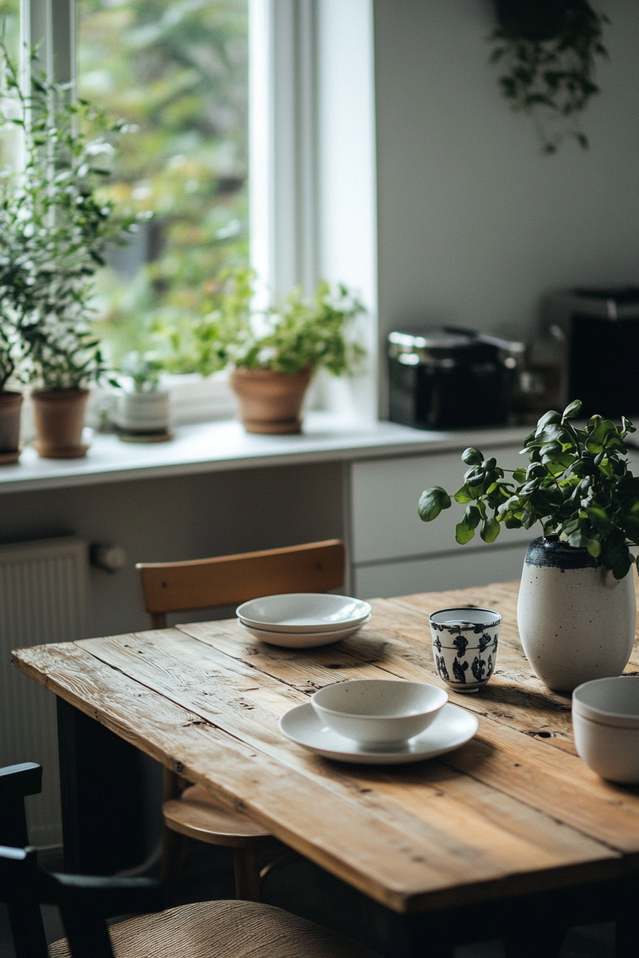 Tiny home interior. Scandinavian wooden table with Japanese ceramic centerpiece.