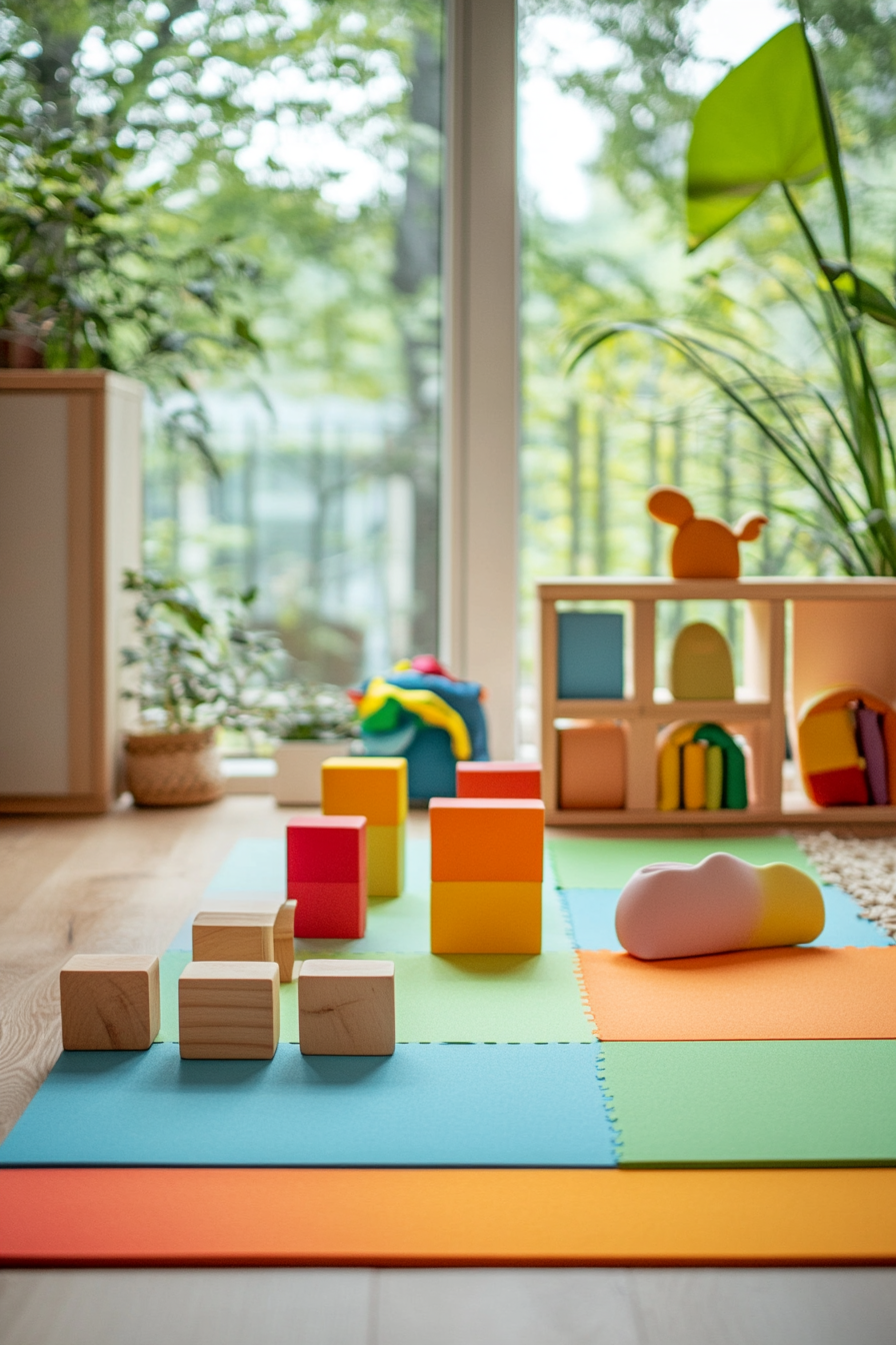 Compact kids' yoga area. Montessori-styled mat in bright colours with child-friendly wooden blocks.