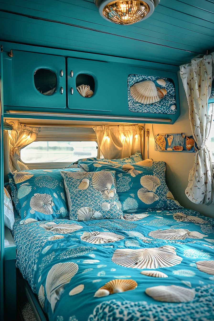 Ocean-themed camper sleeping area. Teal-blue bedding with white seashell details.