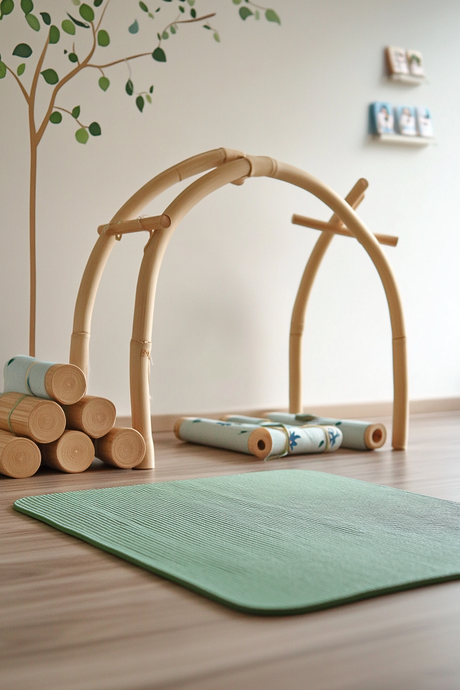 Compact kids' yoga area. Miniature bamboo yoga mat and wooden Montessori climbing arch.