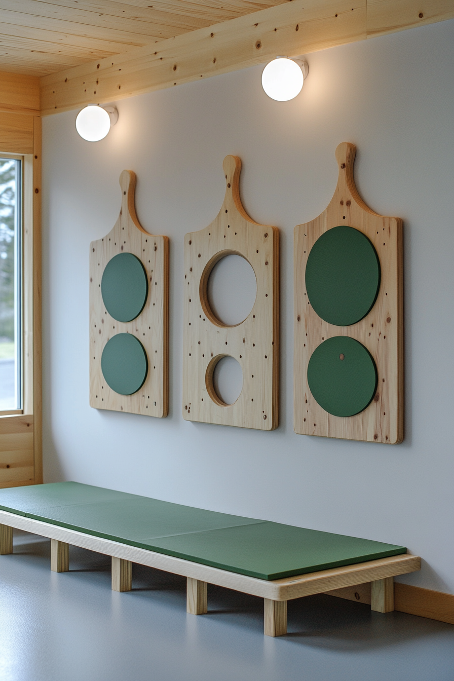 Kids' yoga area. Compact wall-mounted yoga matpace with Montessori sensory board.