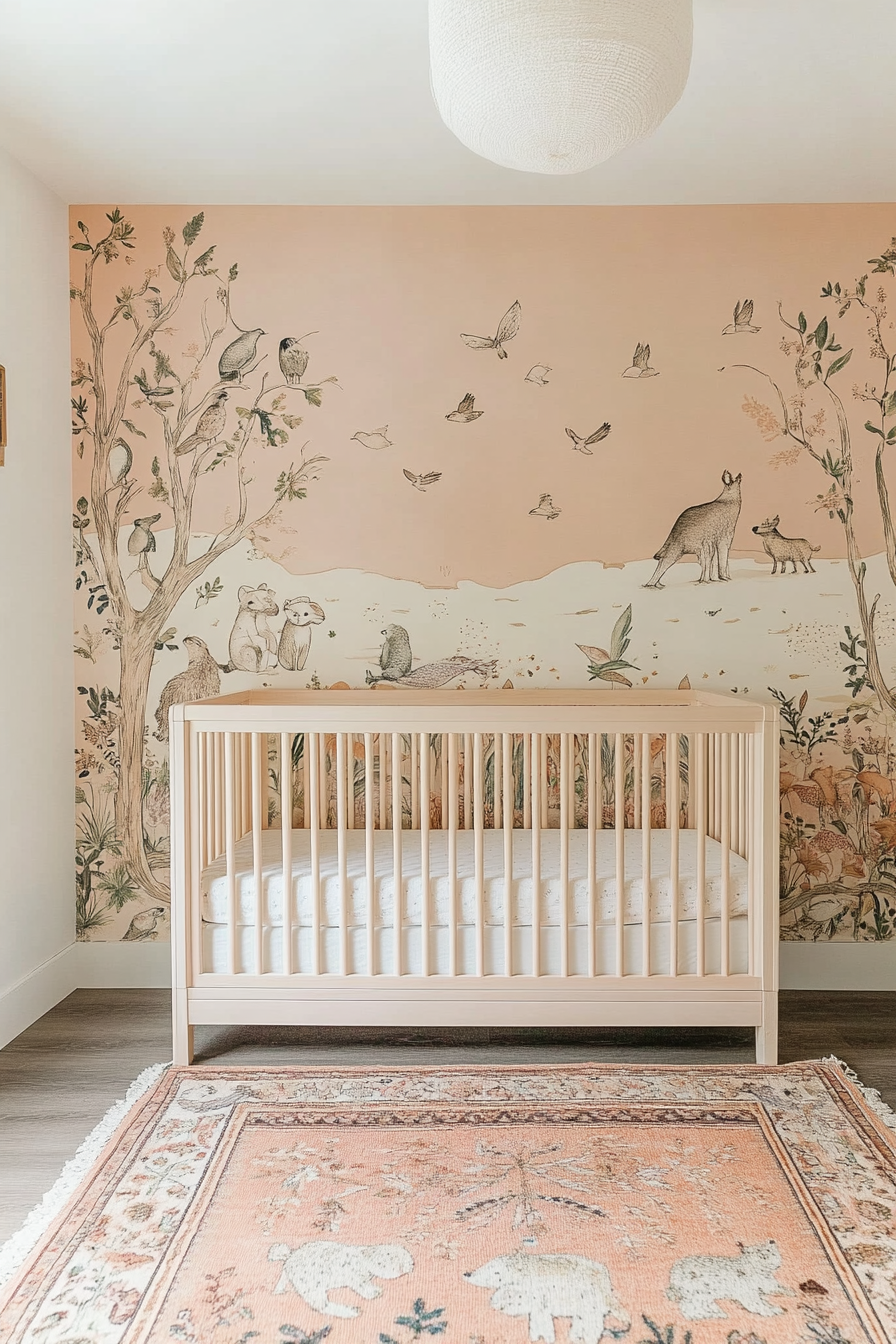 Bohemian nursery. Nocturnal woodland animals mural on pastel peach wall.