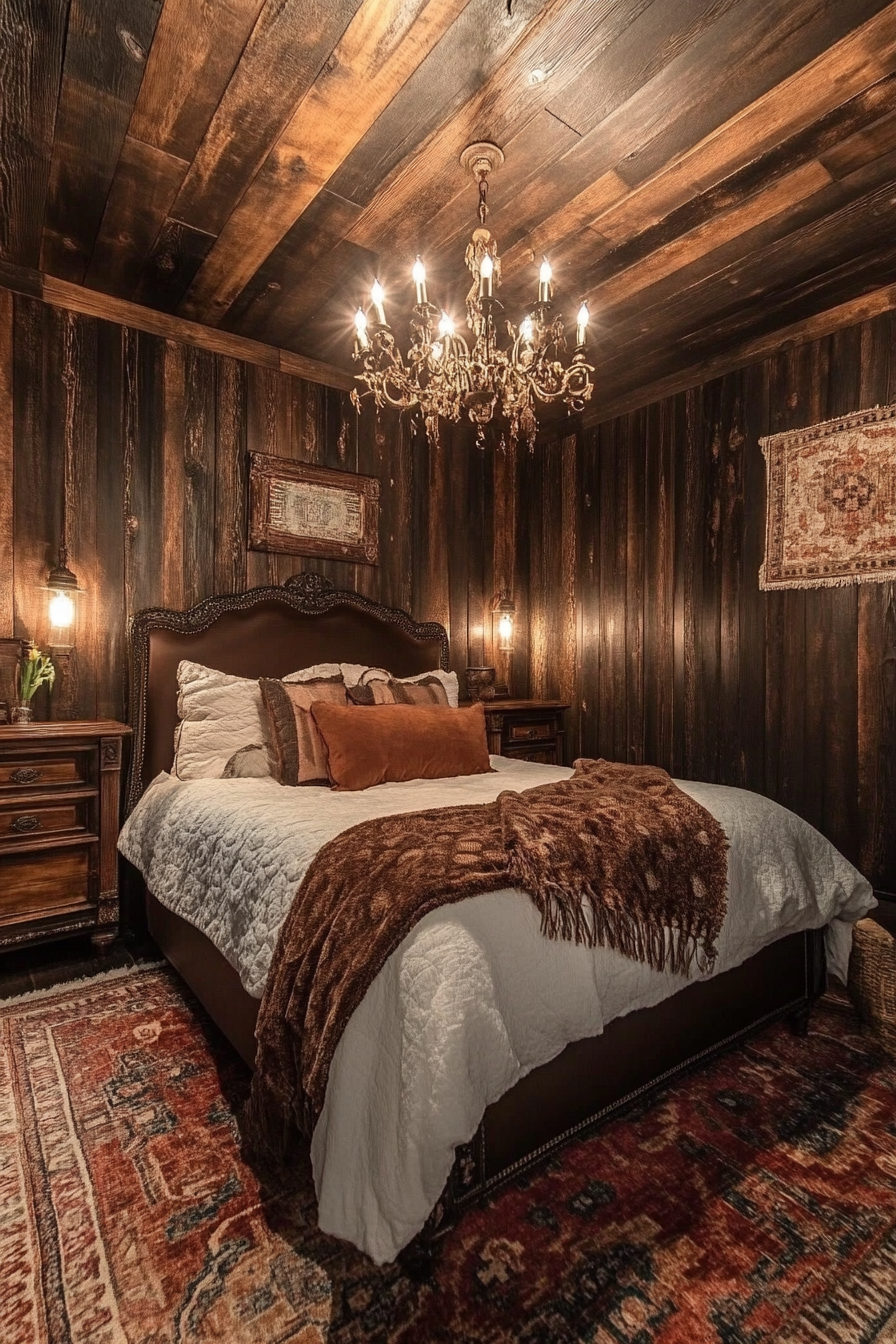 Fall bedroom. Bronze Art Deco chandelier against rustic wooden walls.