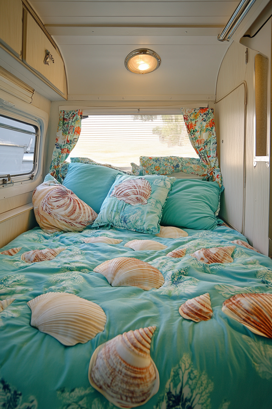 Sleeping area in camper. Turquoise bedding with shell-shaped pillows.