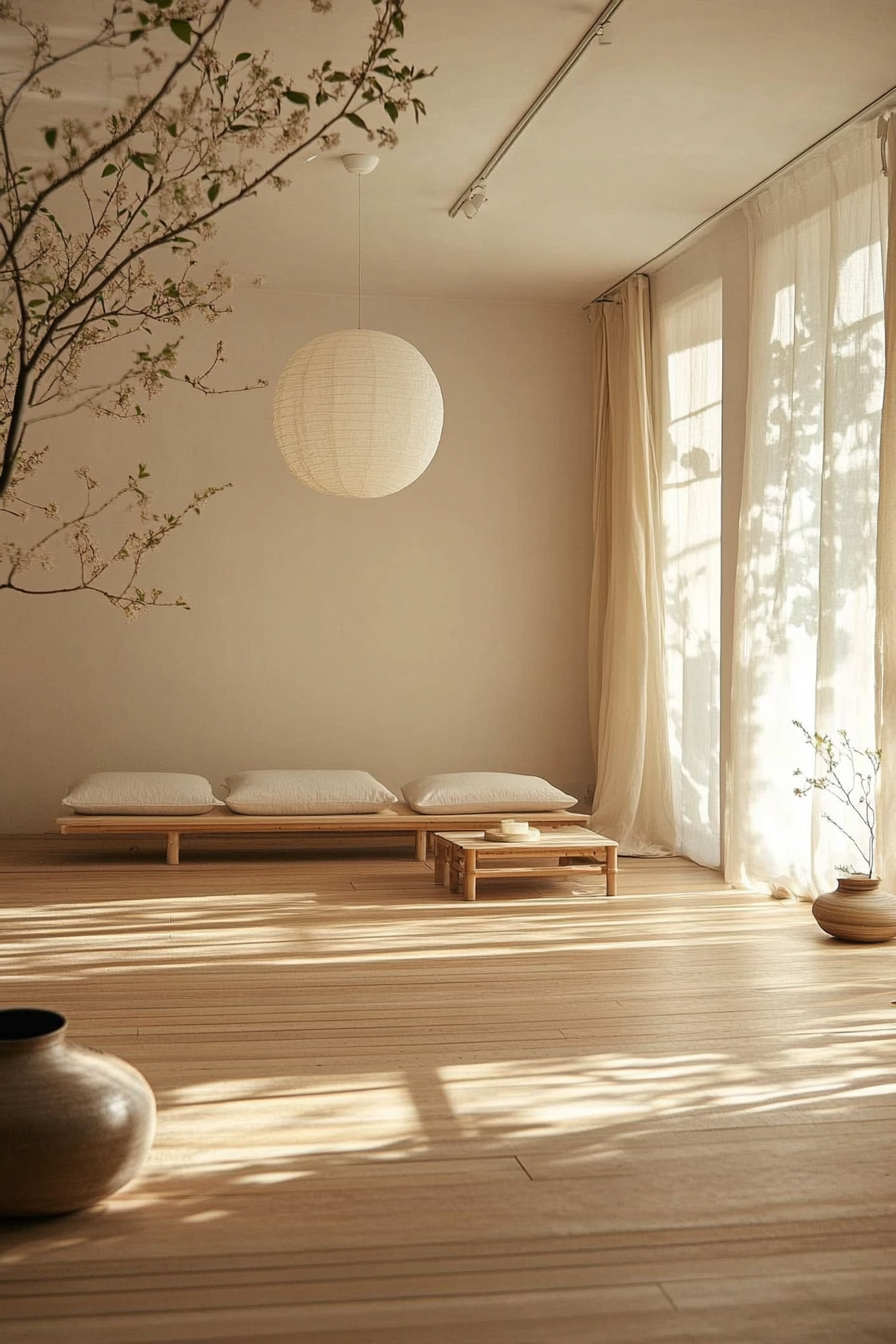 Home yoga studio. Bamboo floor, natural light, minimalistic Japandi furniture.