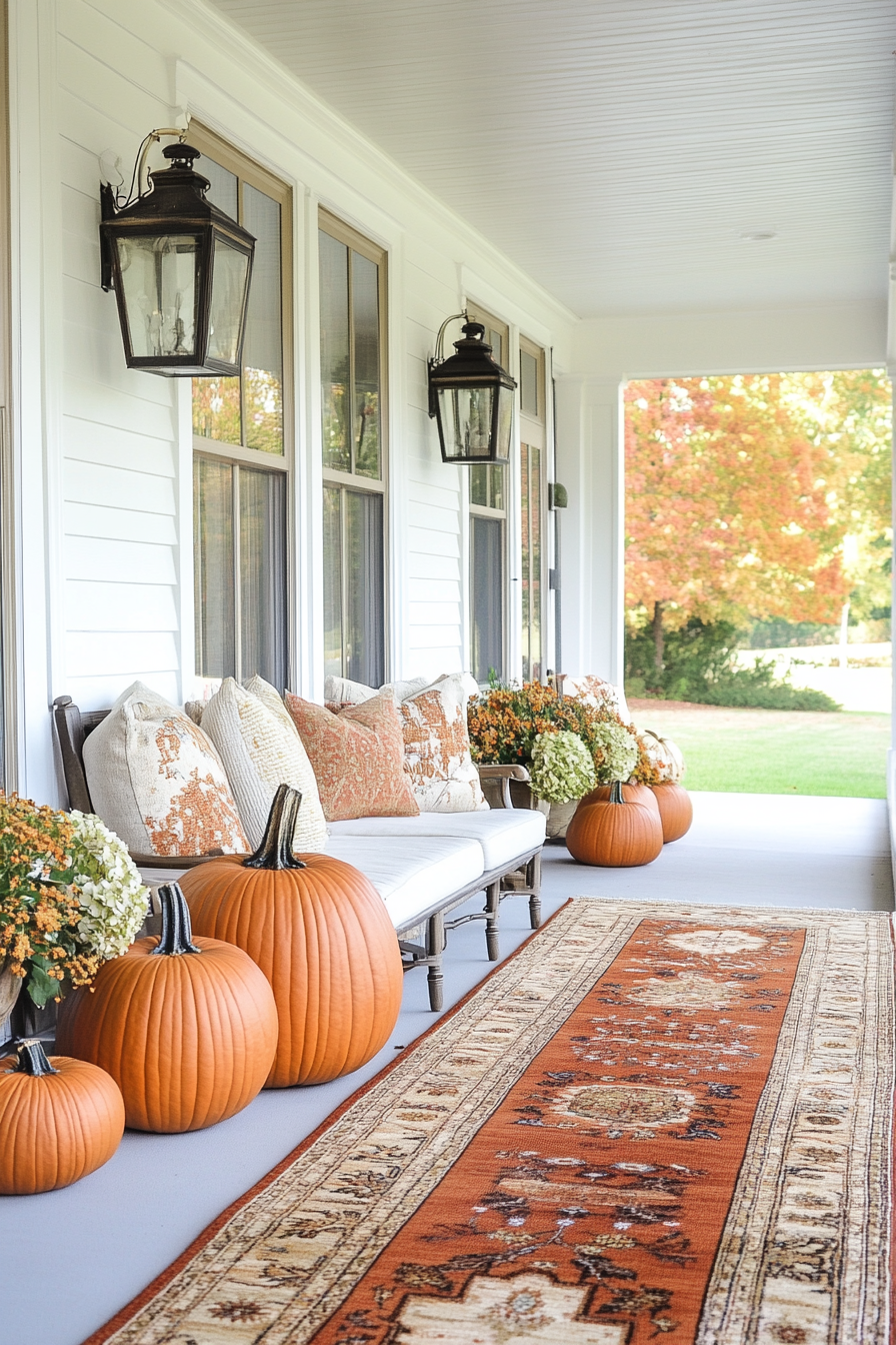 Fall porch. Pumpkins and printed terracotta rug with lanterns