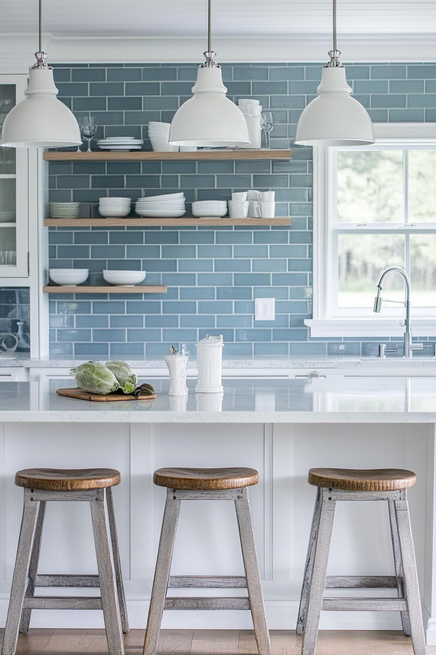 Coastal modern kitchen. Blue subway tile, white cabinetry.