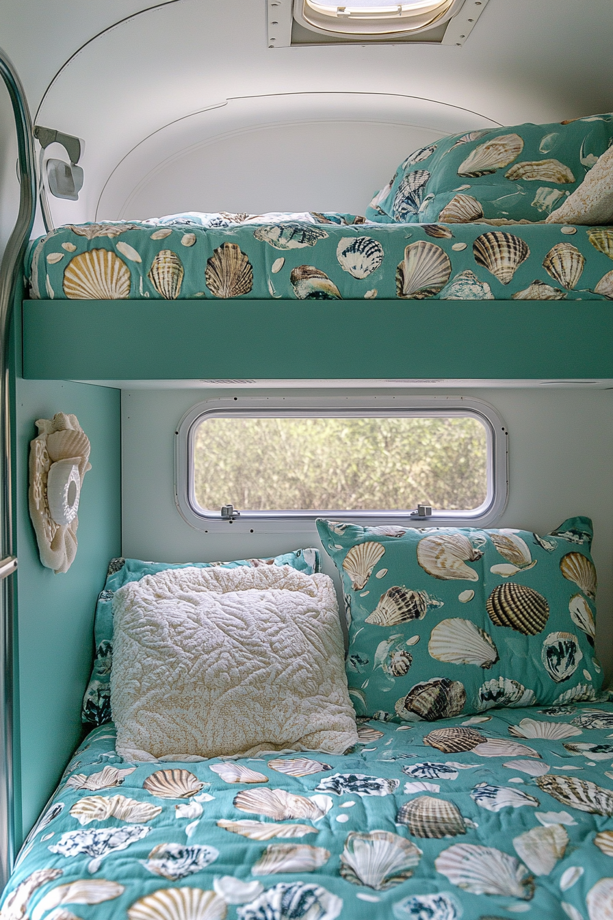 Serene ocean-themed sleeping area in camper. Teal bunk beds with seashell-patterned beddings.