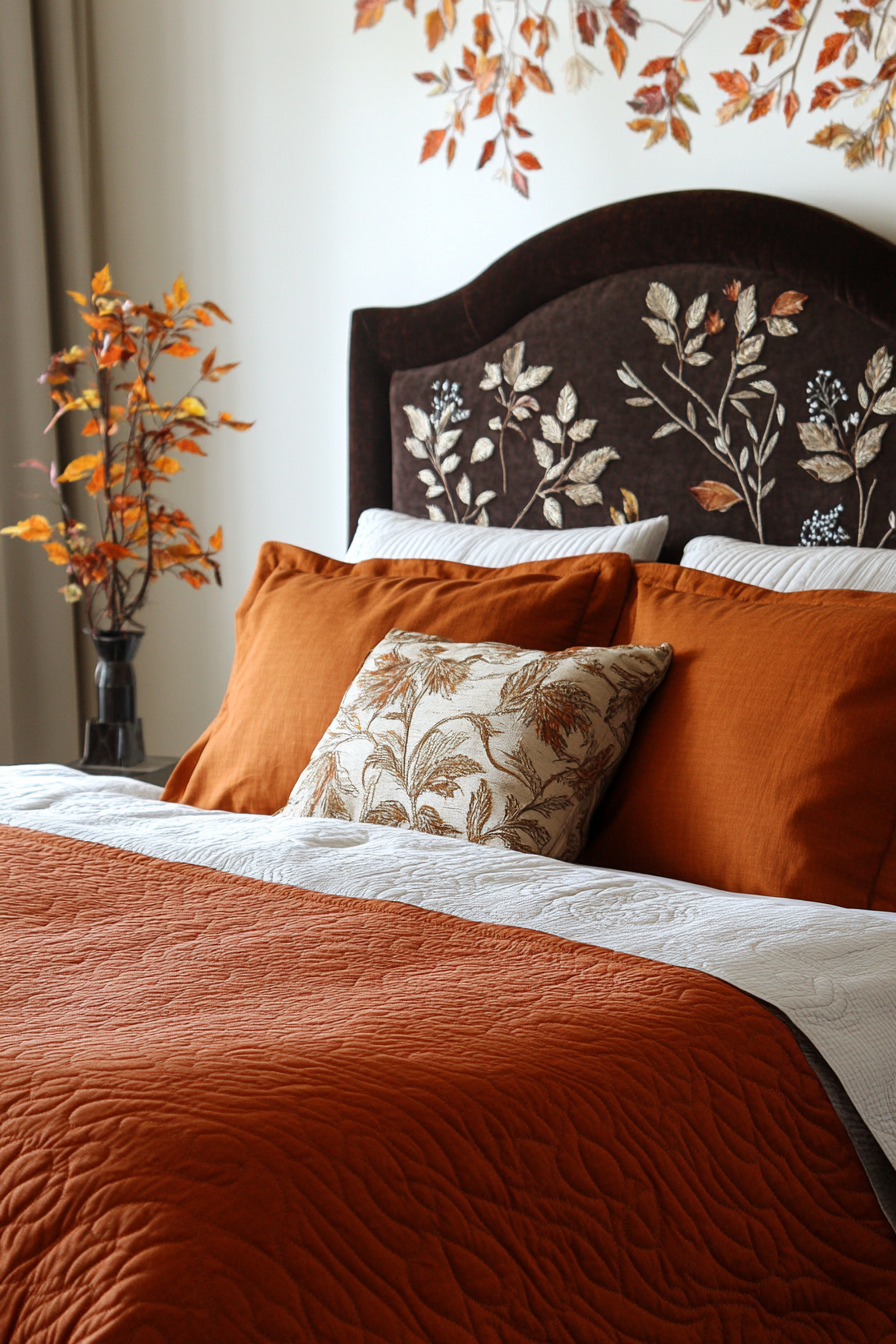 Fall bedroom. Art Deco headboard with rustic burnt-orange autumn-themed linens.