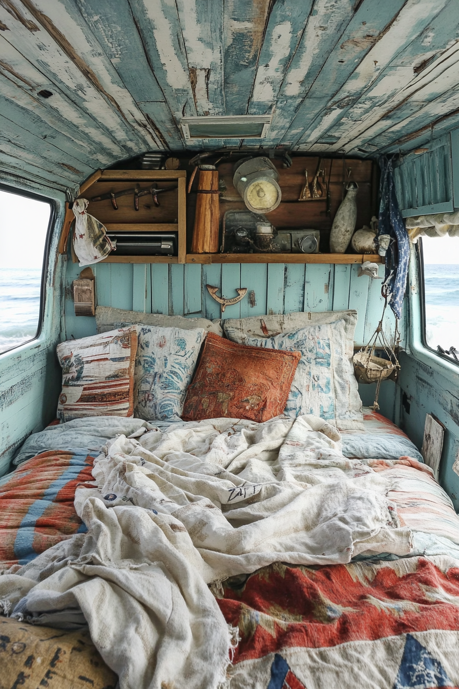 Coastal Camper Van Interior. Marine-themed textiles and painted distressed wood paneling.