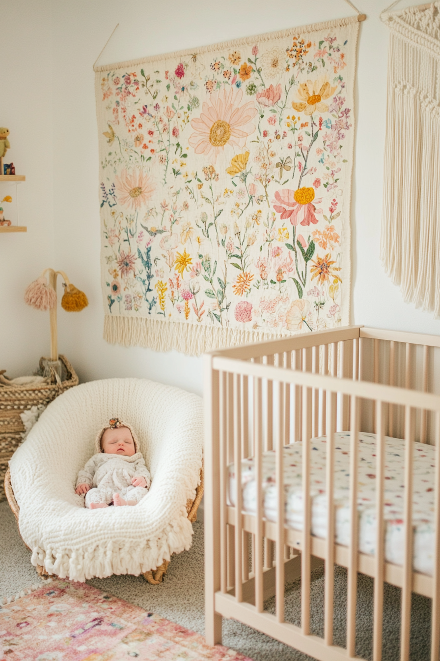 Whimsical bohemian nursery. Wall adorned with vintage floral tapestry and macrame artworks.