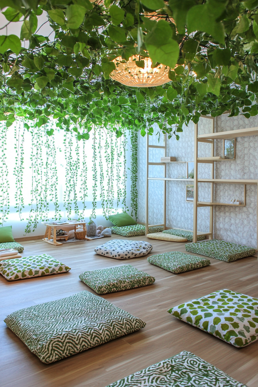 Compact kids' yoga area. Floor cushions with geometrical patterns under leafy green canopy.