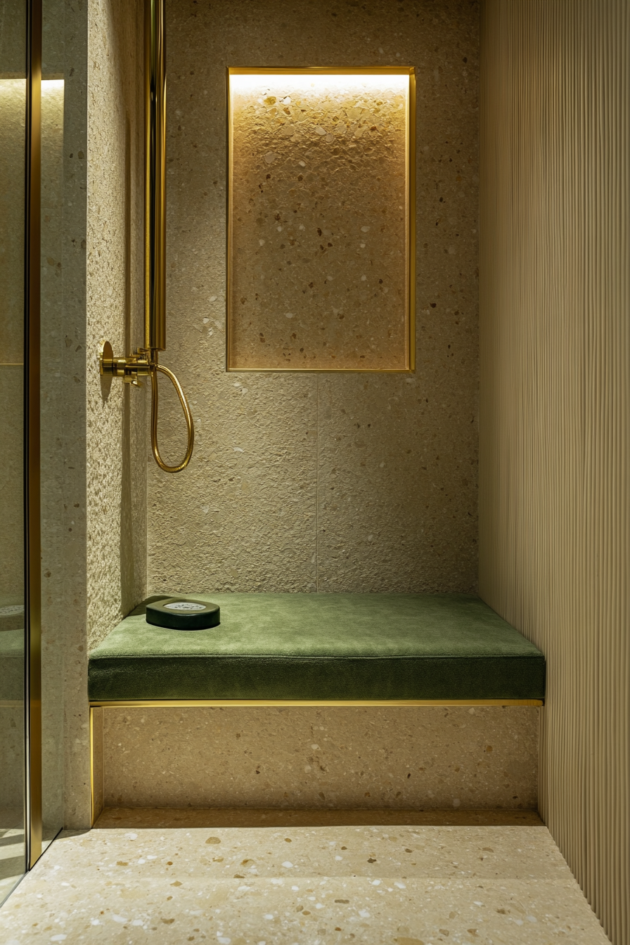 Small bathroom in yoga center. Gold trim shower with green undeclared seating.