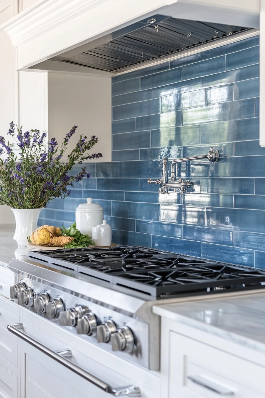 Modern coastal kitchen. White marble countertops, blue backsplash tiles.