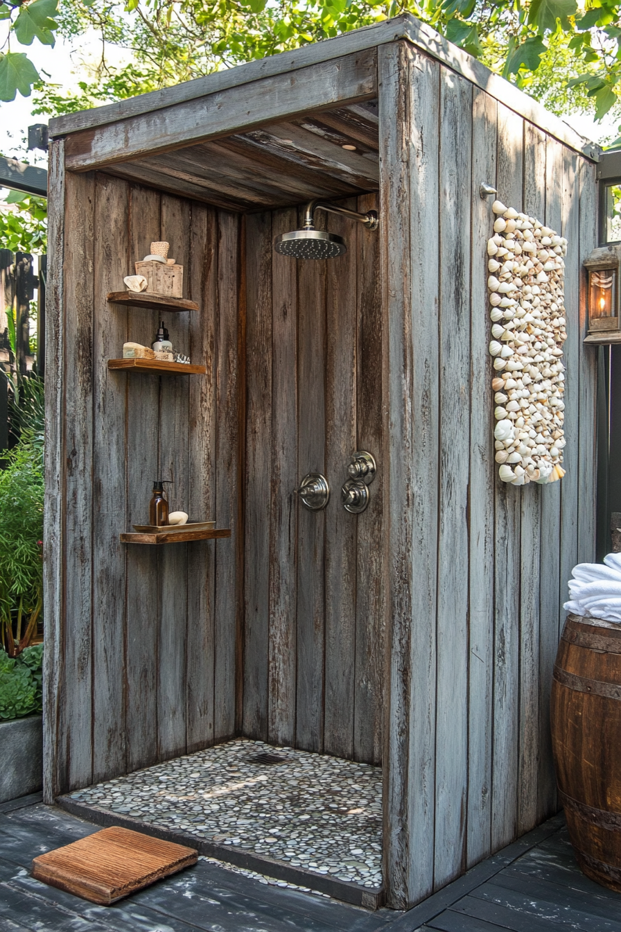 Outdoor shower setup. Weathered wood enclosure with seashell curtain.