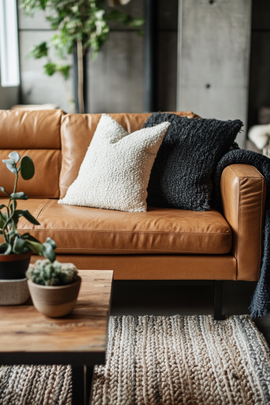 Fall living room. Industrial-style coffee table with tawny leather couch.