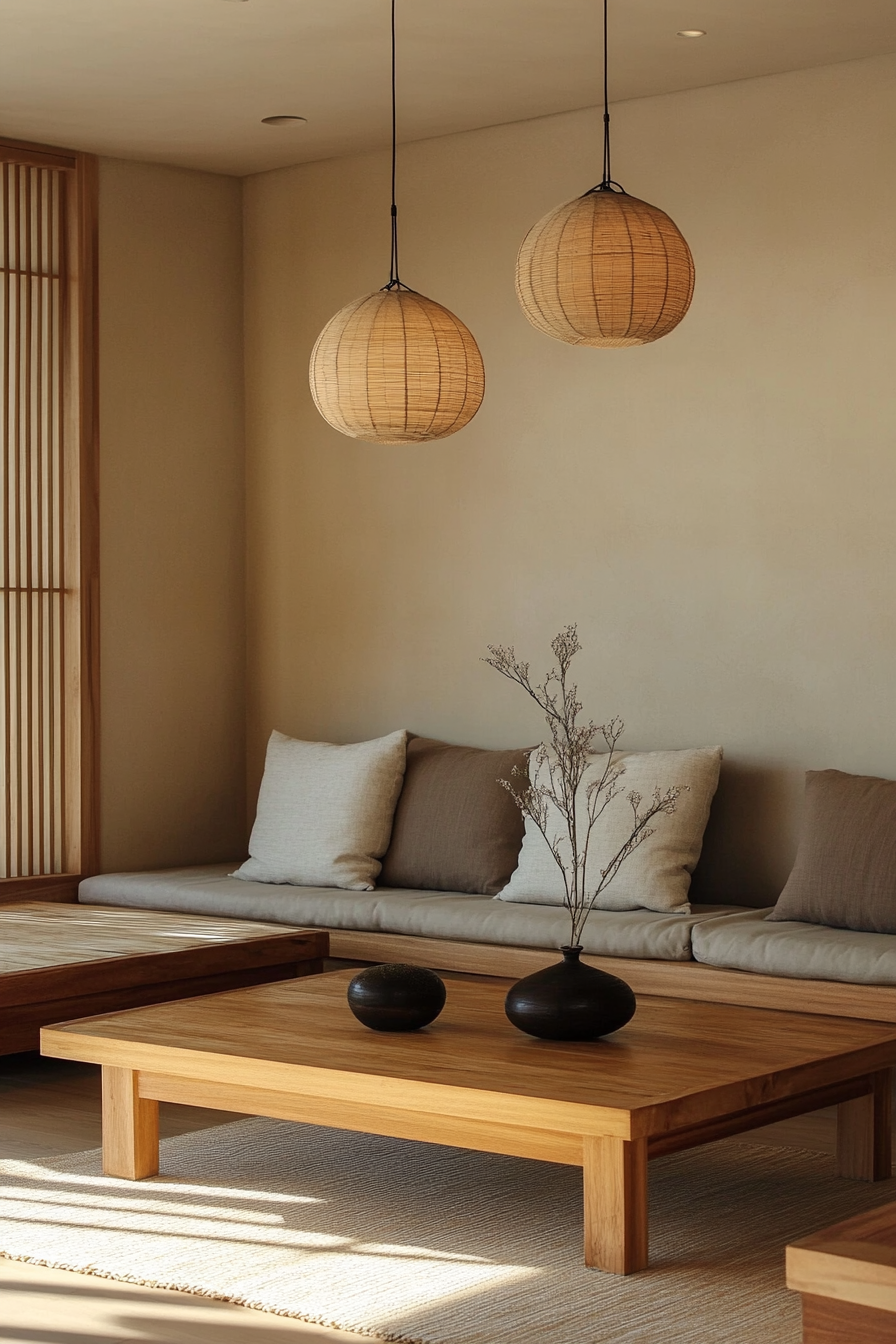 Japandi Minimalist Living Room. Oak furniture with neutral-colored cushions and bamboo light fixtures.