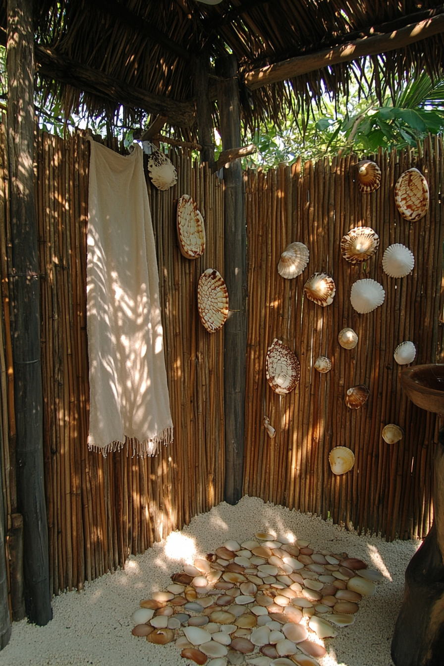 Outdoor shower setup. Bamboo enclosure with seashell curtain.