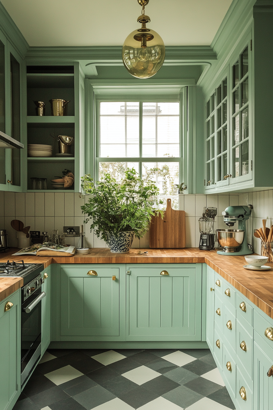 Coastal-themed vintage kitchen. Seafoam green cabinets with brass fixtures and checkered floor.