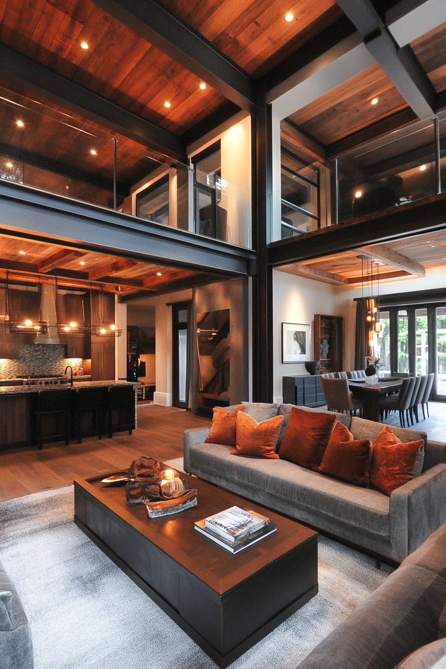 Fall living room. Exposed steel beams enhanced by warm-toned eucalyptus décor.