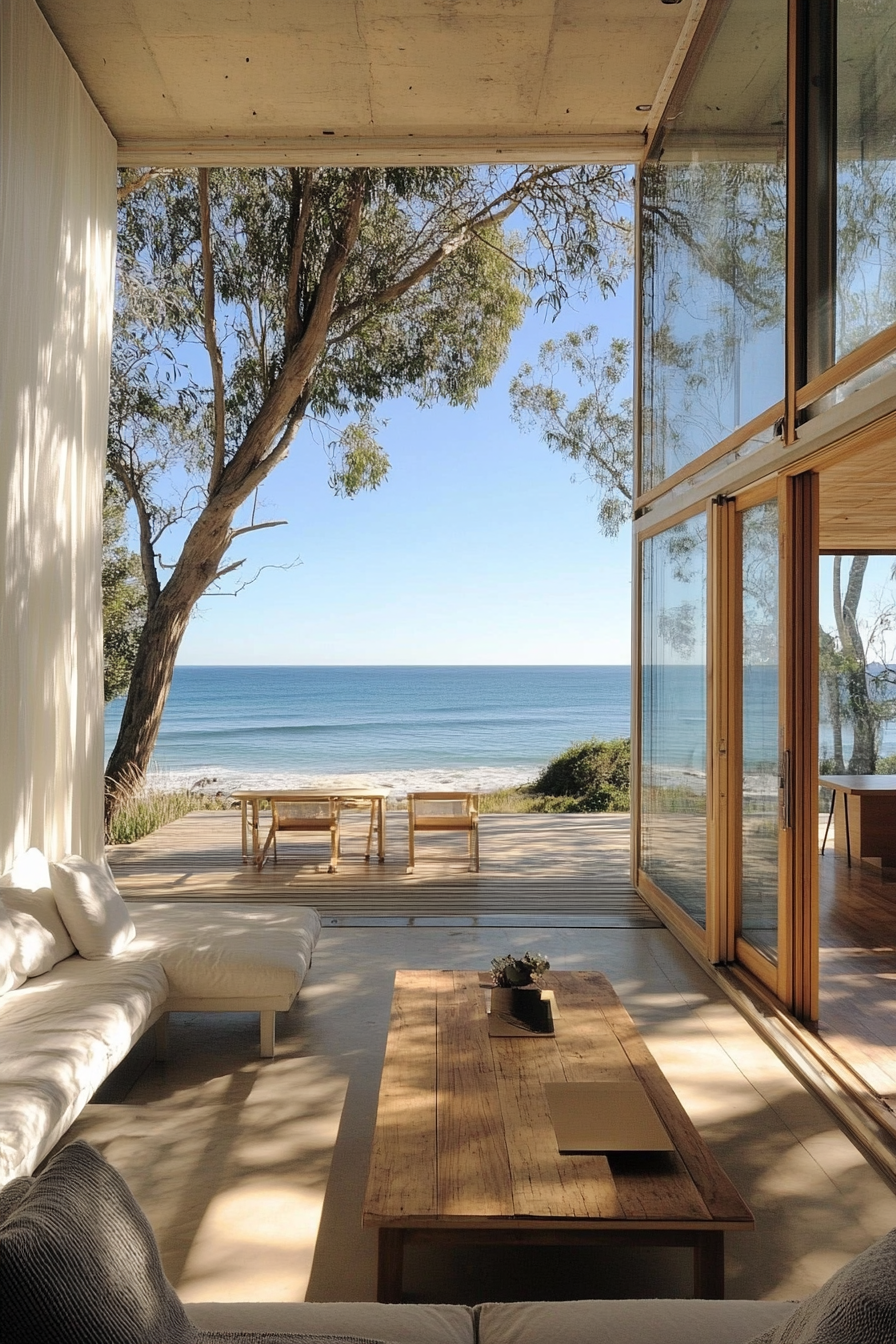 Compact beach house. Glass walls, ocean view, minimalist oak furniture.