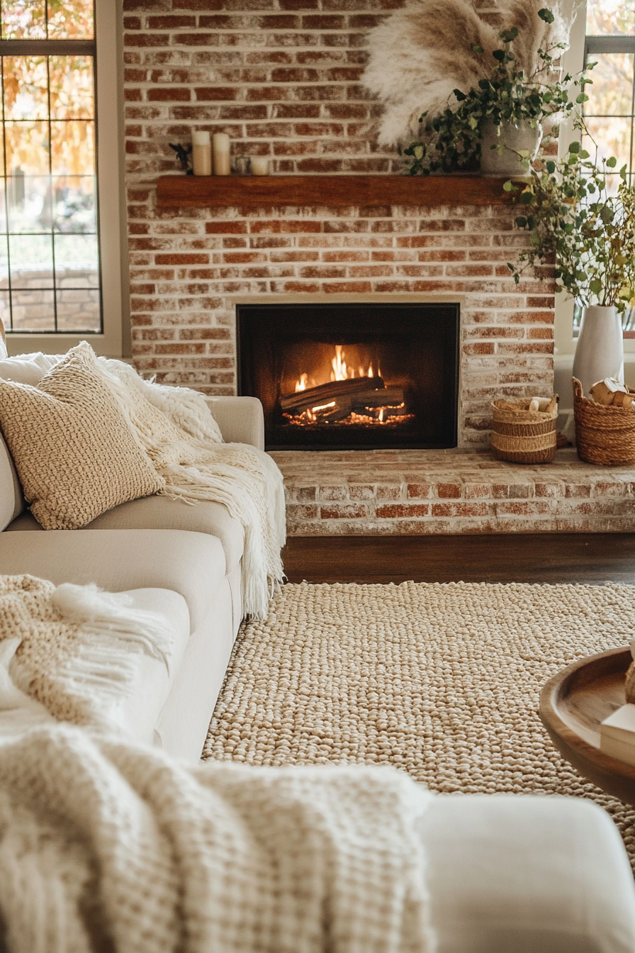 Fall living room. Exposed brick fireplace with plush beige throw pillows.