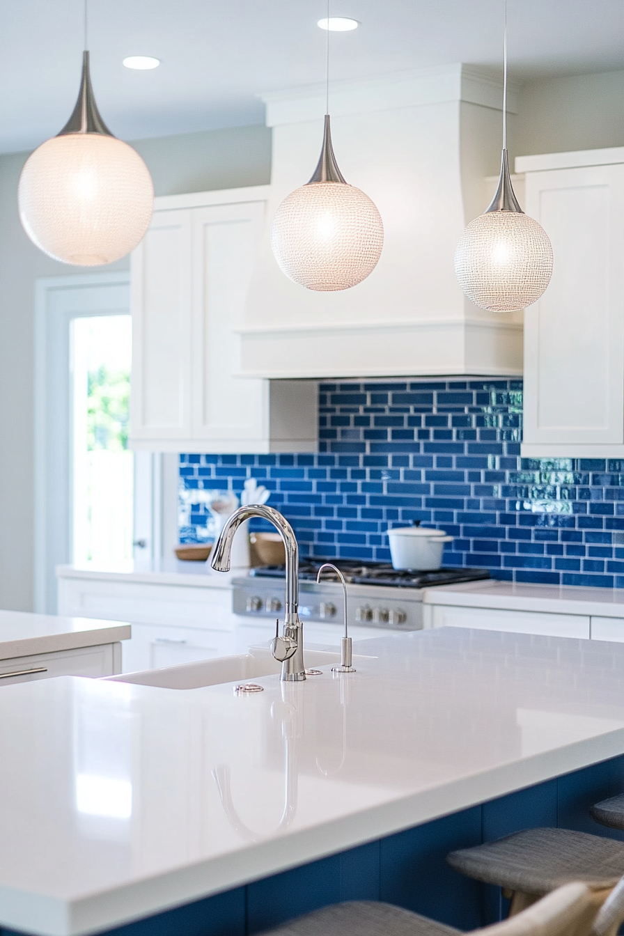 Coastal modern kitchen. White quartz countertop with blue tile backsplash.