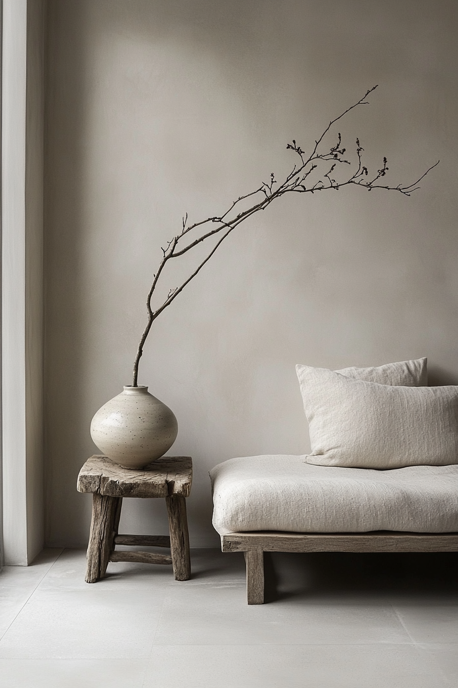 Minimalist living room. Low Walnut frame Couch and ceramic vase on a bare wooden stool.