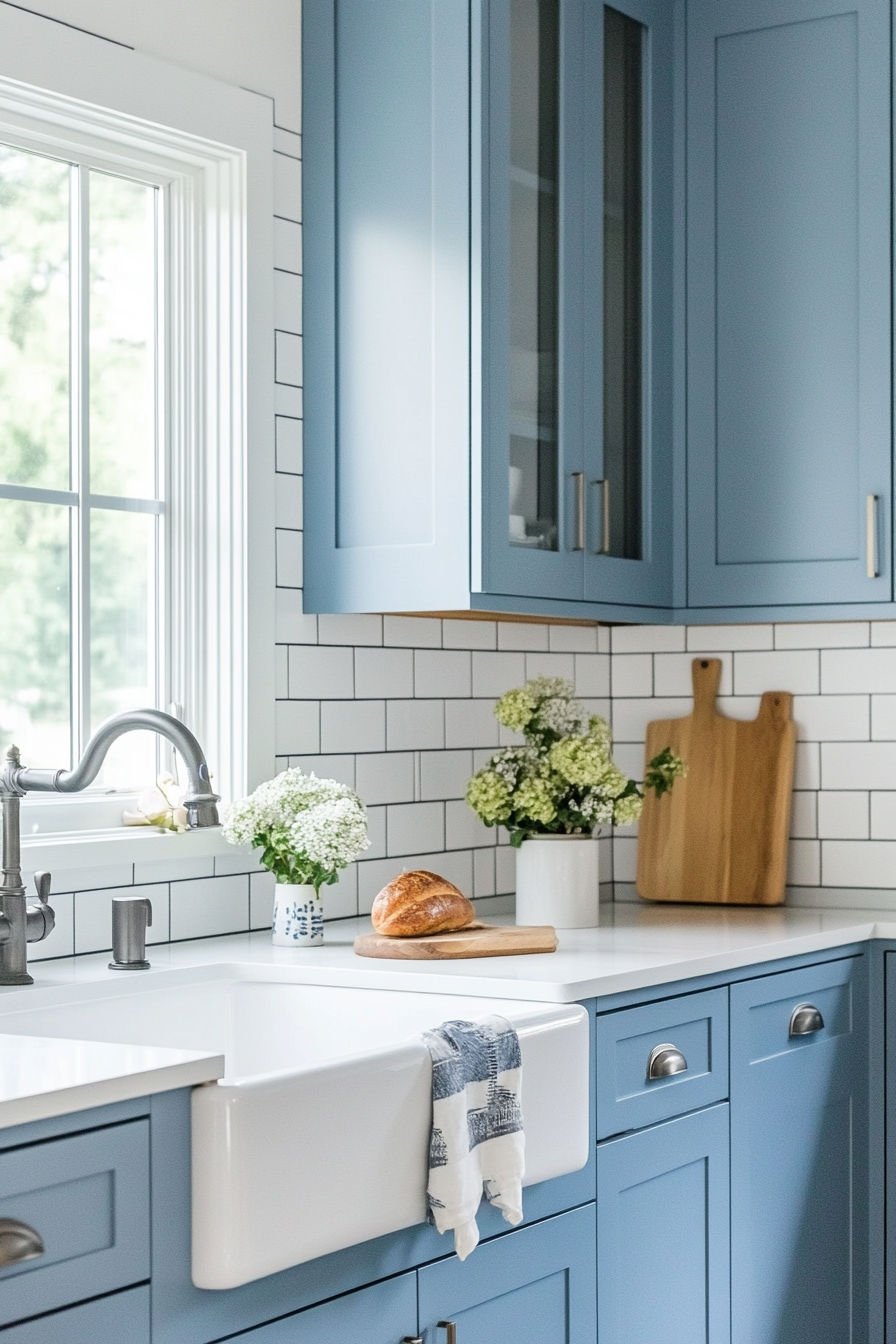 Modern coastal kitchen. Shaker cabinets in skyline blue and white ceramic subway tiles.