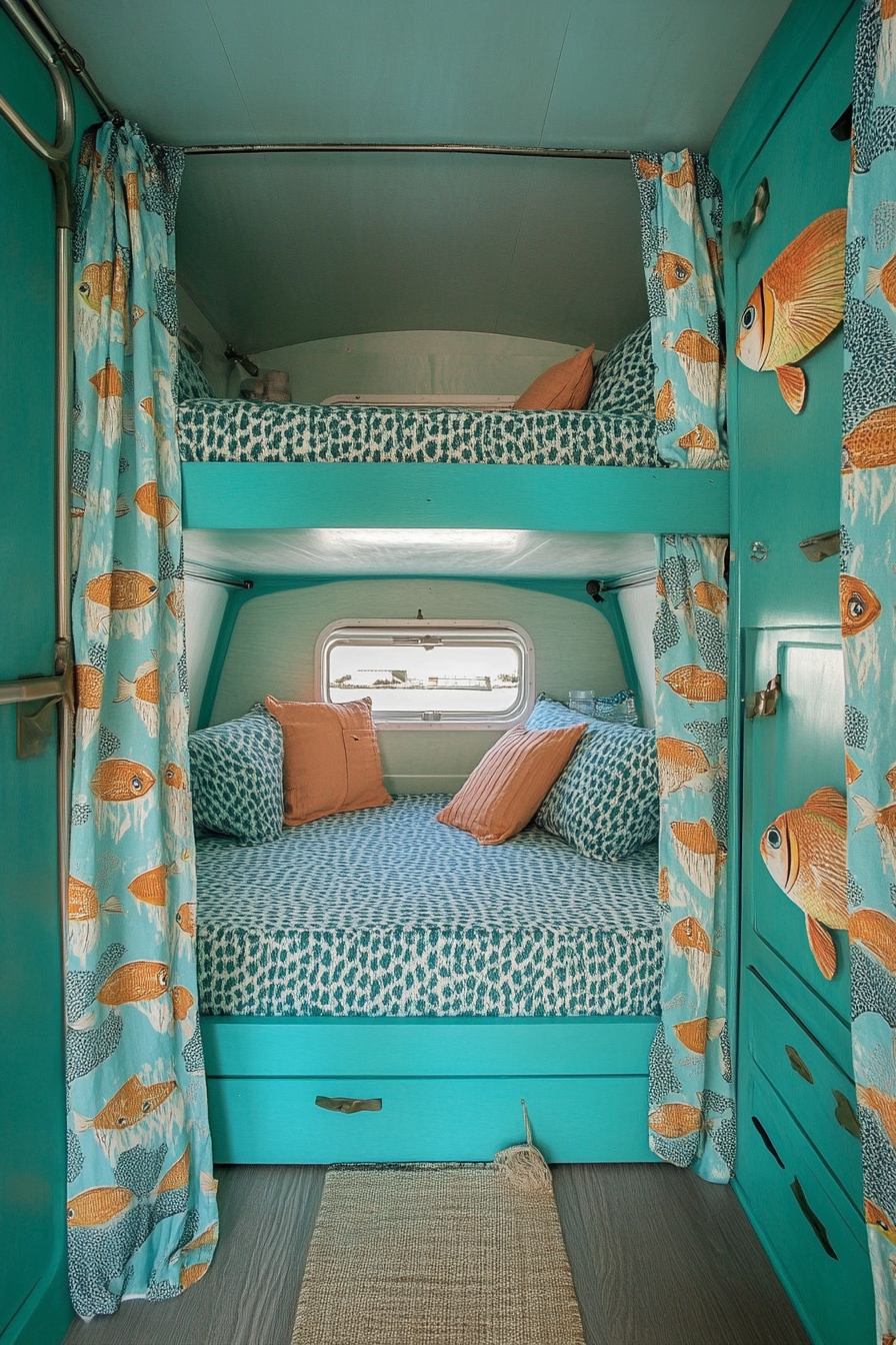 Serene, ocean-themed camper sleeping area. Turquoise bunk beds with fish-patterned curtains.