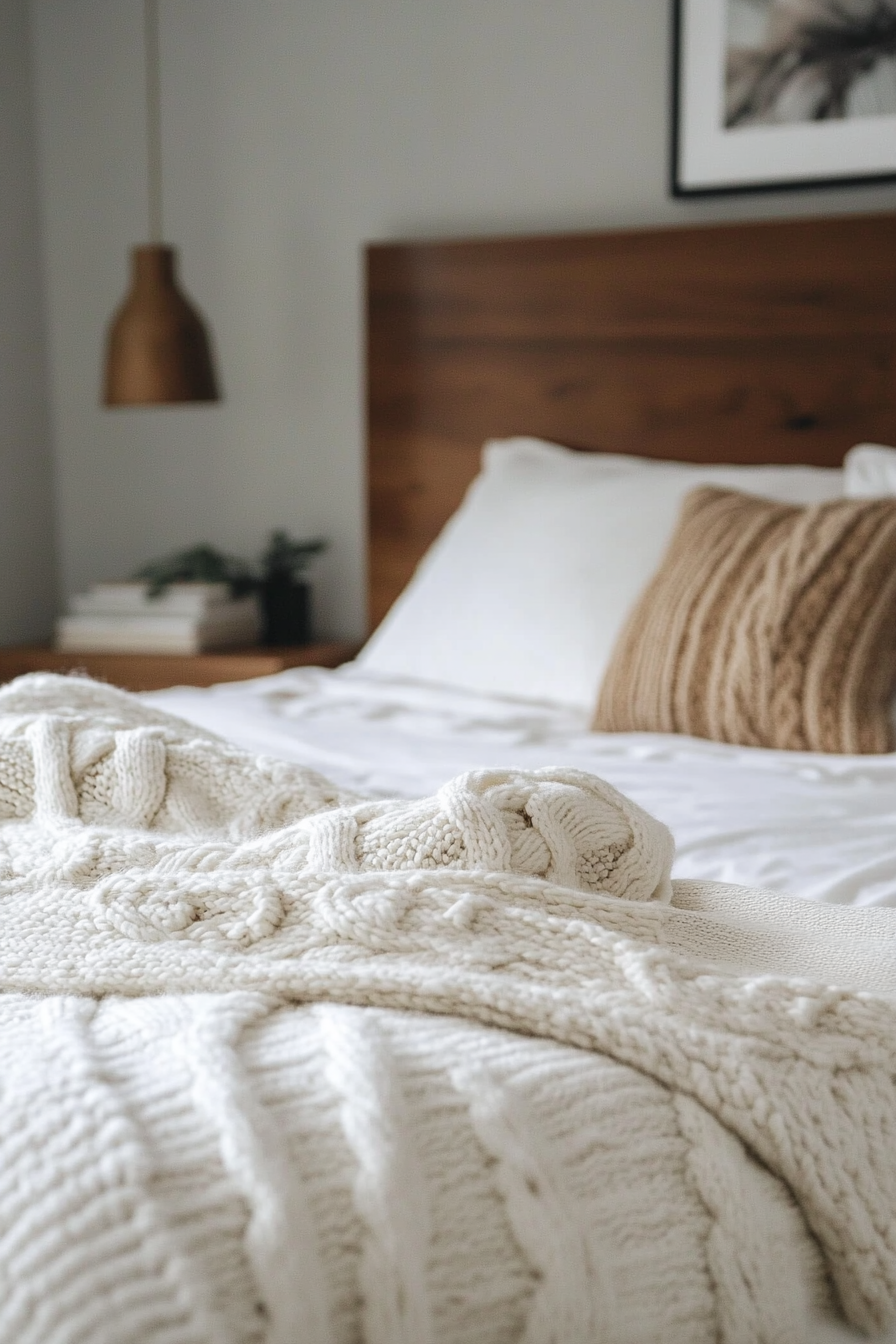 Fall bedroom. White cable knit comforter on a sleek walnut wood bed.