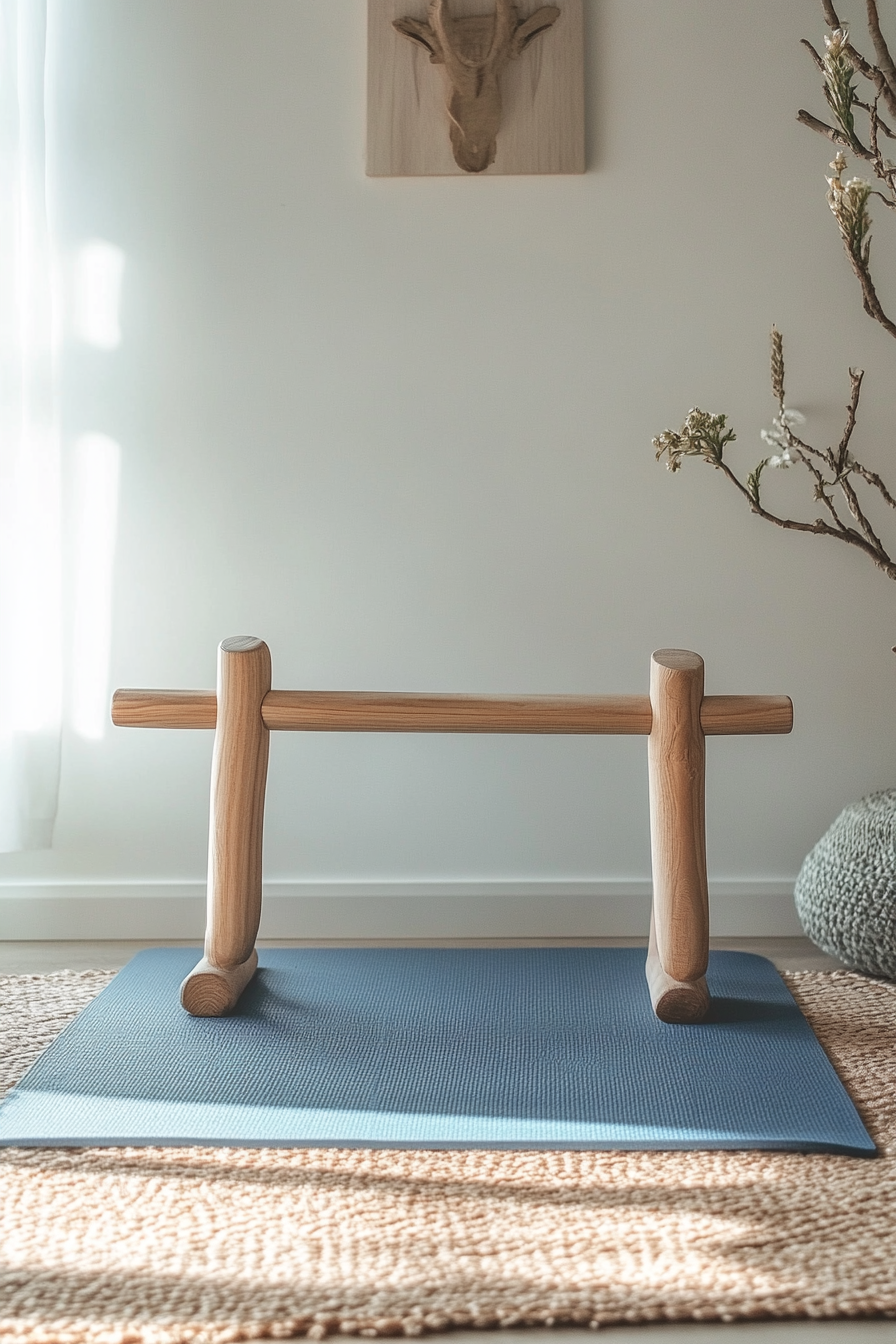 Compact Yoga Area. Toddler-sized yoga mat next to wooden yoga balance bar.