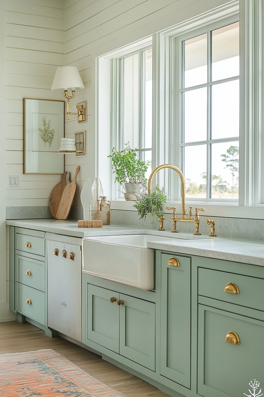 Coastal-theme vintage kitchen. Seafoam green cabinets with aged brass fixtures.