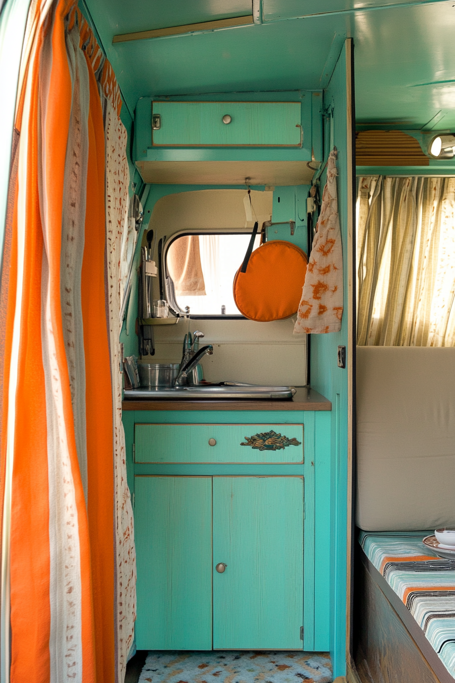 Coastal camper van interior. Turquoise cabinet with stripy toffee-colored curtains.