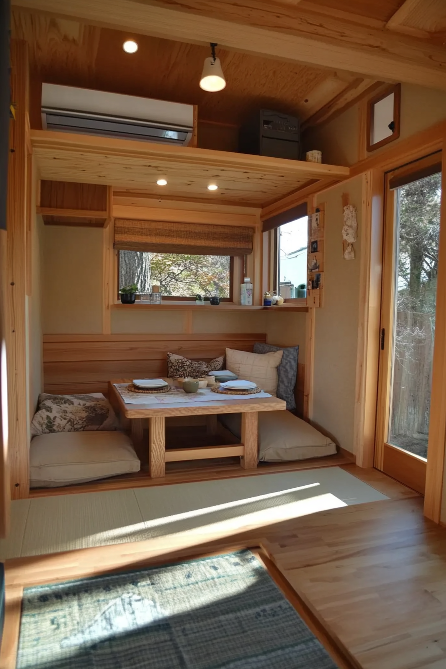 Tiny home interior. Light oak furniture with Japanese Kotatsu table.