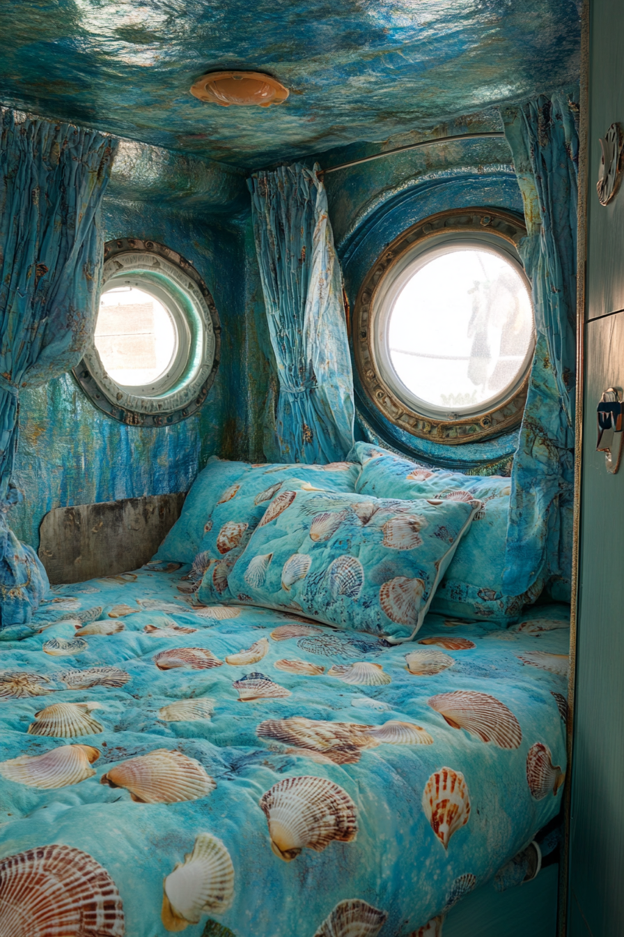 Ocean-themed sleeping area in camper. Aquamarine bedding, seashell-patterned curtains, porthole windows.