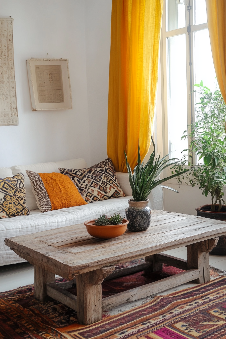 Fall living room. White walls with bohemian patterned pillows, wooden coffee table and sunset-yellow drapes.