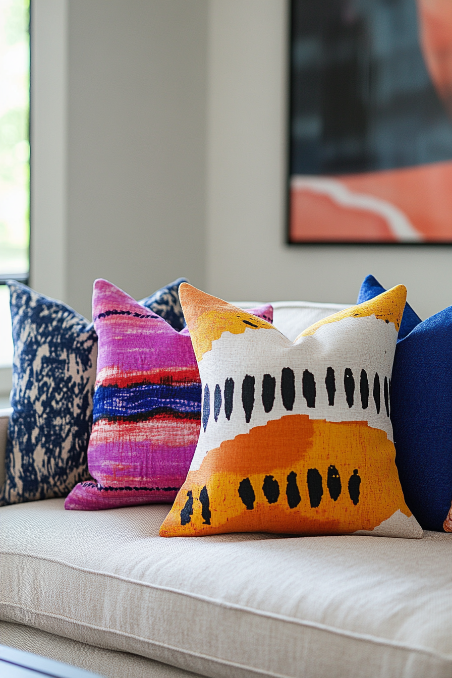 Living room. Minimalist style with maximalist vibrantly colored, flamboyant patterned throw pillow.