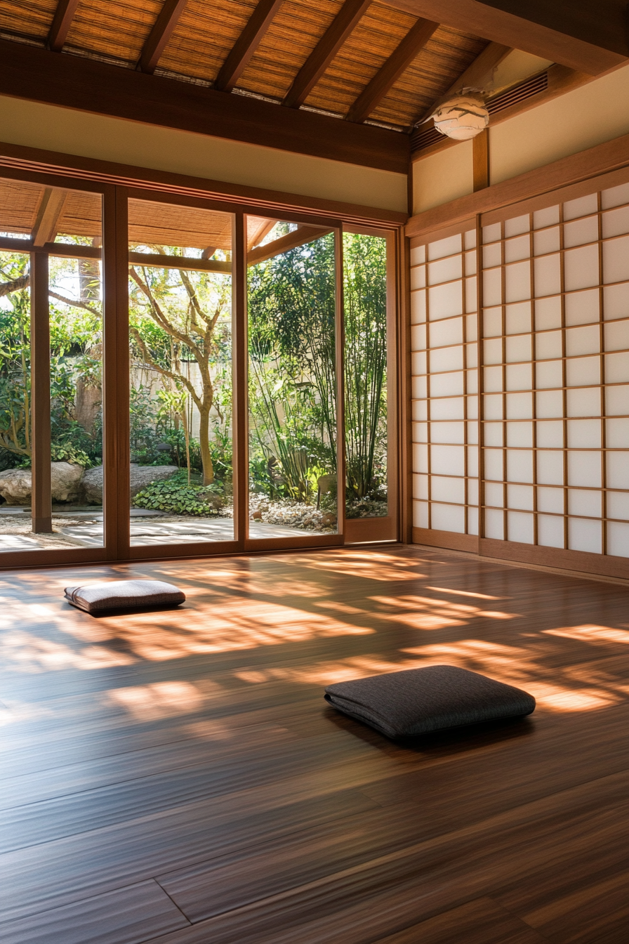 Japandi home yoga studio. Bamboo wood flooring with sliding shoji screen doors.