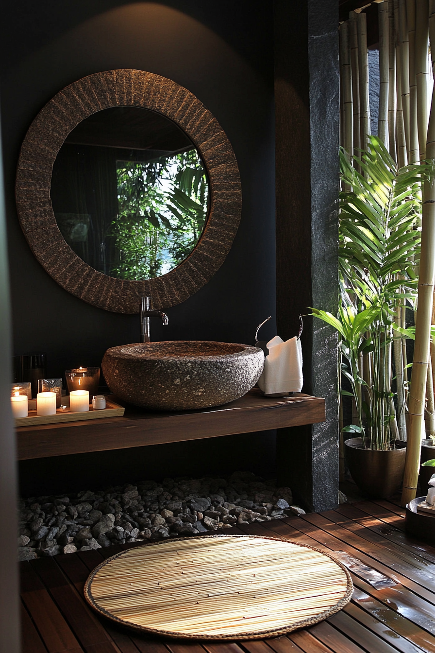 Small luxury bathroom. Teak floor, stone sink, bamboo mats, aromatherapy candles and large circular mirror.