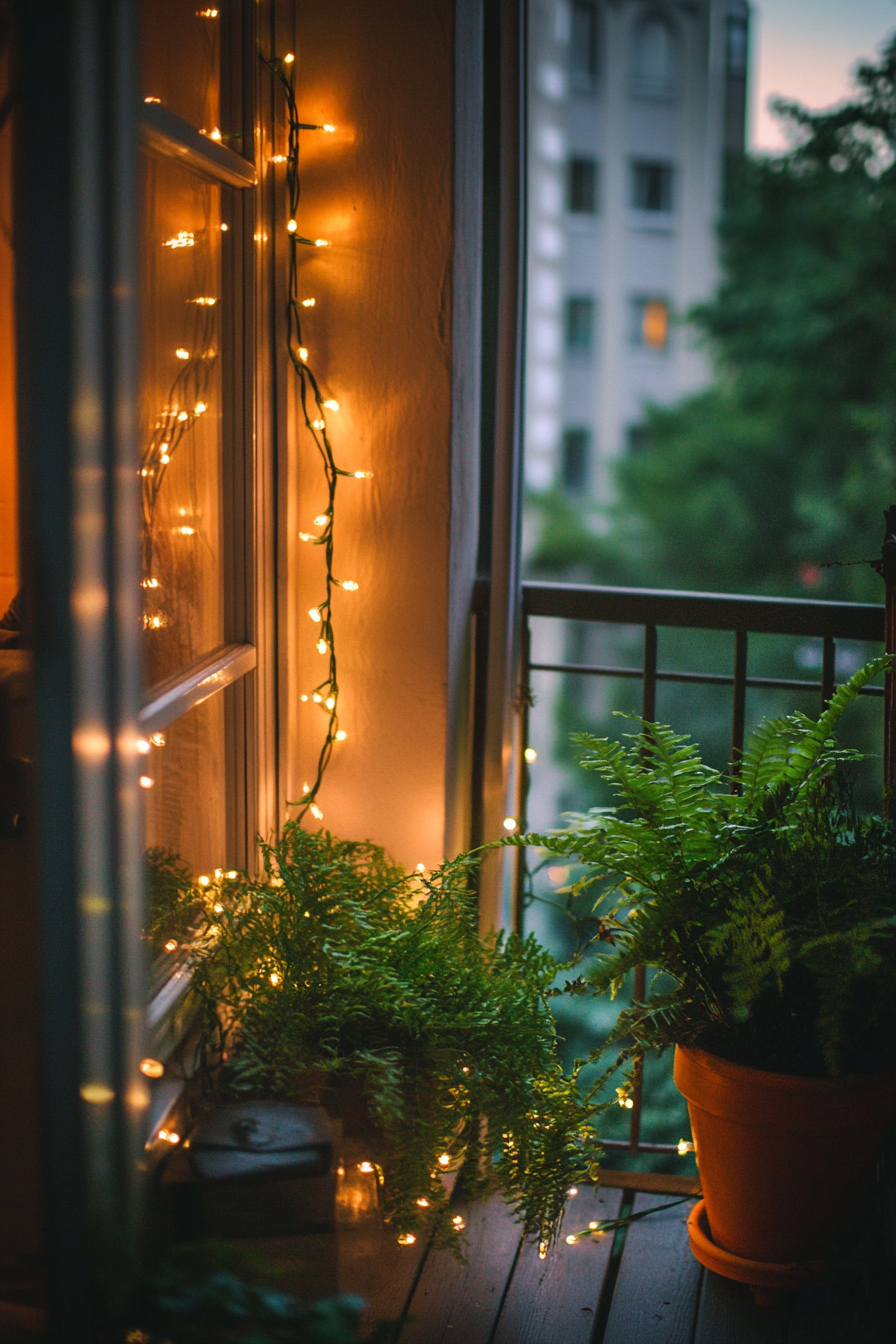 Urban Boho Balcony. Fairy lights twisted around a dark wood potted fern.