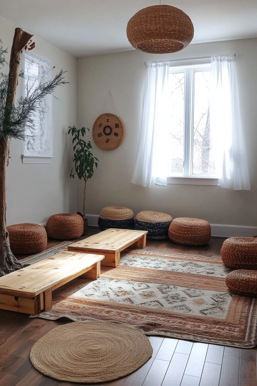 Kids' yoga area. Compact corner with Montessori wooden balance beam.