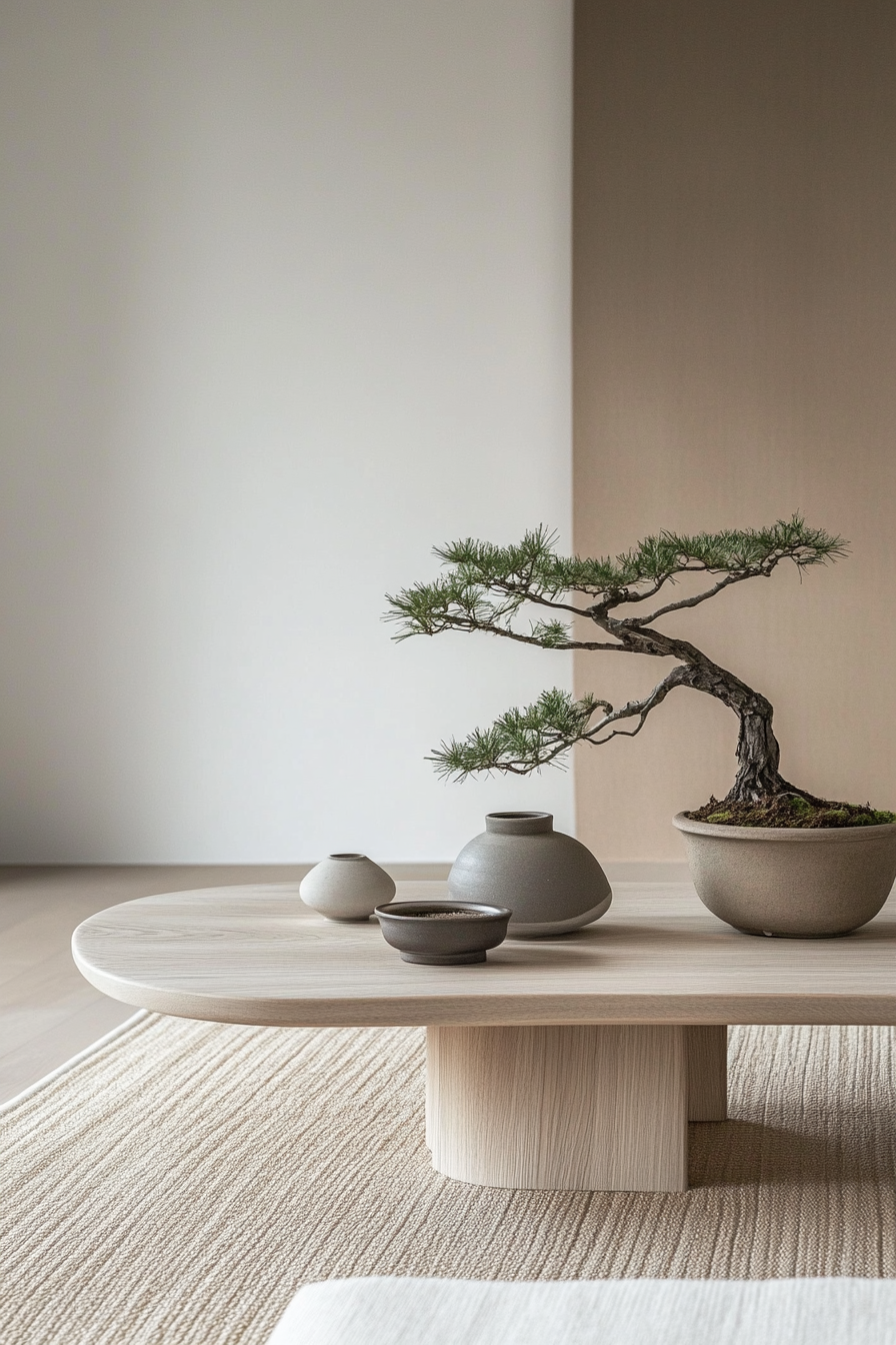 Japandi minimalist living room. Blonde wooden coffee table with Japanese Bonsai Plant.